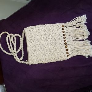 Macrame Style Cream Crossbody Purse with Zipper closure and one inside pocket